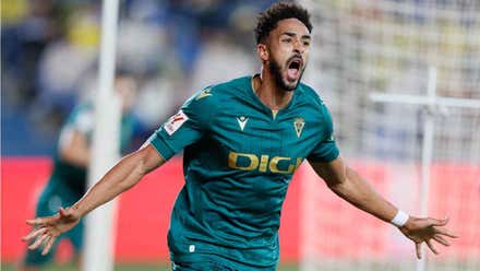 Chris Ramos celebra su tanto en Las Palmas.