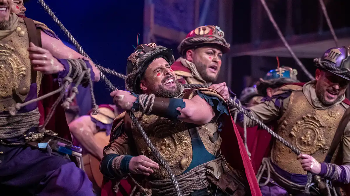 La comparsa 'Los poderosos' en el Gran Teatro Falla