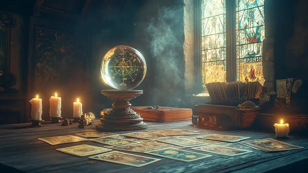 Bola de cristal y cartas del tarot sobre una mesa