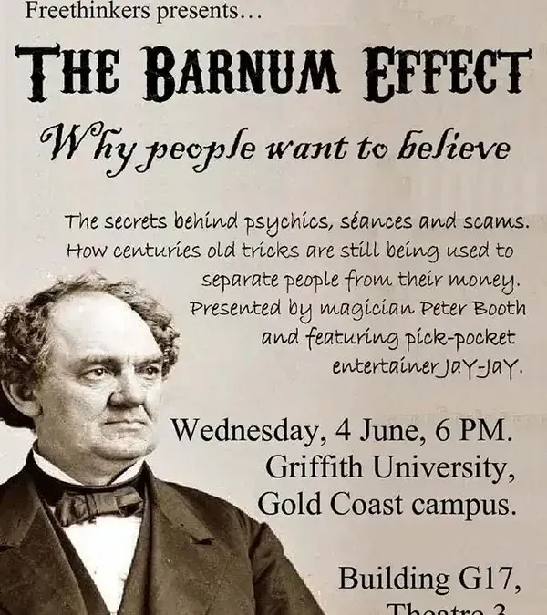 Cartel de conferencia explicando el efecto Barnum