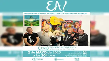 Integrantes de EA! sonrientes dentro del marco de la presentación de su nuevo disco. Predominan los tonos turquesa.