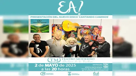 Integrantes de EA! sonrientes dentro del marco de la presentación de su nuevo disco. Predominan los tonos turquesa.