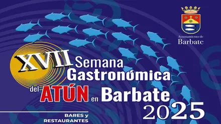 Cartel anunciador de la XVII Semana Gastronómica de Barbate, con peces que imitan a atunes sobre fondo azul.