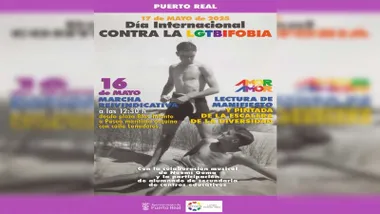 Cartel, en tonos morados, de la Jornada contra la LGTBIfobia en Puerto Real, cartel en blanco y negro con colores y predominio del morado.