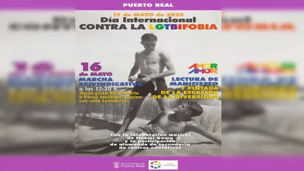 Cartel, en tonos morados, de la Jornada contra la LGTBIfobia en Puerto Real, cartel en blanco y negro con colores y predominio del morado.
