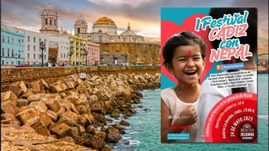 Cartel de Cádiz y Nepal con la ciudad al fondo.