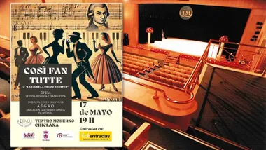 El Teatro Moderno de Chiclana en tornos madera y el cartel delante del mismo de "Cosi Fan Tutte".