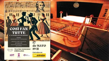 El Teatro Moderno de Chiclana en tornos madera y el cartel delante del mismo de "Cosi Fan Tutte".