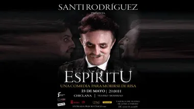 Cartel de la obra de teatro "Espíritu" con Santi Rodríguez con ojeras e imitando a un difunto, destacan los tonos oscuros.