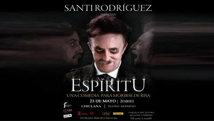 Cartel de la obra de teatro "Espíritu" con Santi Rodríguez con ojeras e imitando a un difunto, destacan los tonos oscuros.