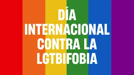 Una parte del cartel de las jornadas, con el fondo de la bandera arcoiris y el lema "Día internacional contra la LGTBIfobia"