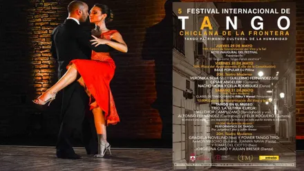 Pareja bailando un tango y cartel del V Festival de Chiclana, ella viste de rojo y él de negro.