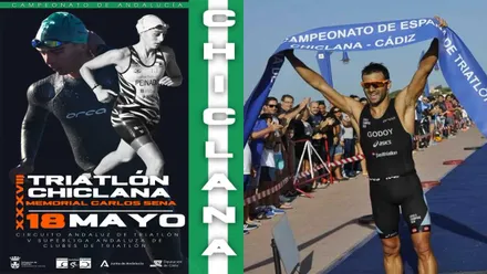 Cartel en tonos negros con bandera de Andalucía a la derecha y atleta ganador en una edición pasada con la cinta del Triatlón en las manos.