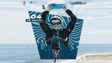 Corredor hacia el mar y de fondo un atleta levantando un premio, es el cartel de la prueba deportiva de Chiclana.