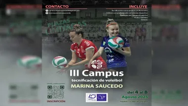 Cartel del Campus con dos jugadoras de Voley, una viste de rojo y otra de azul.