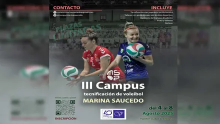 Cartel del Campus con dos jugadoras de Voley, una viste de rojo y otra de azul.