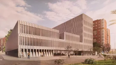 Diseño idealizado de la Ciudad de la Justicia en Algeciras, es un edificio en hormigón.