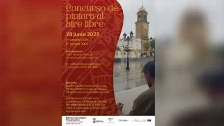Cartel en tonos burdeos del II Concurso de Pintura Nueva Gadeira, a la derecha la plaza con una persona pintando.
