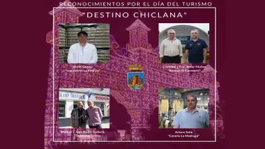 Cuatro empresas ganadoras de "Destino Chiclana" en un cartel en el que predomina el tono morado.