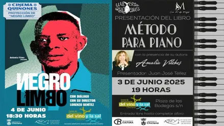 Carteles, uno en azul y otro en negro y blanco, de los carteles de los eventos culturales en Chiclana.