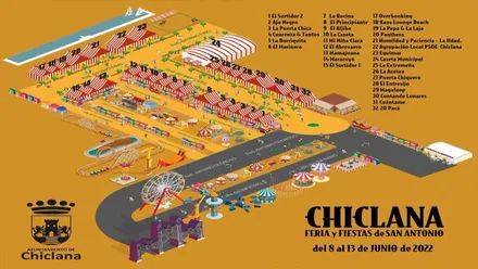 Plano en color anaranjado de la Feria de Chiclana con casetas y atracciones.