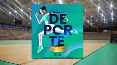 Pista del Pabellón Manuel Prados de San Fernando y cartel de la VIII Gala, deportista corriendo sobre fondo verde.