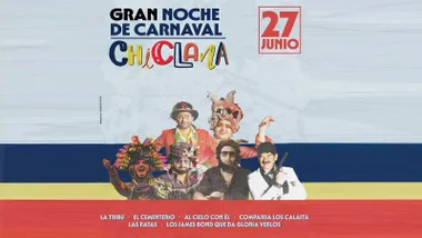 Cartel del evento en Chiclana en tonos grises, azules, amarillo y rojo con los participantes del mismo.