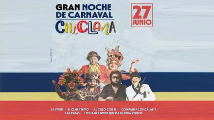 Cartel del evento en Chiclana en tonos grises, azules, amarillo y rojo con los participantes del mismo.
