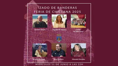 Cartel en color morado con las personas que realizarán el izado de bandera en la feria chiclanera.