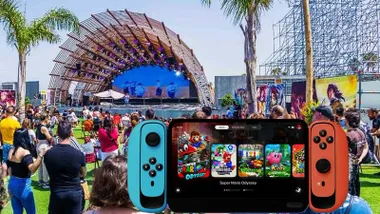 Escenario del Manga Fest con pantalla azul y Nintendo Switch 2 en primer término.