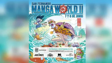 Goku -de "Bola de Dragón"- destaca en el cartel del Manga de San Fernando, está surfeando una ola.