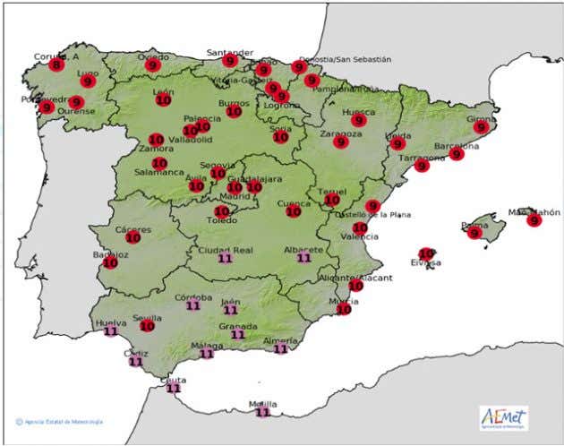 Mapa de predicción de la radiación UV para este lunes 9 de junio.