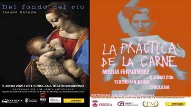 Dos carteles de las obras de teatro, uno en tonos oscuros/negros y otro en anaranjado.