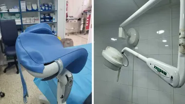 Lámpara con óxido y apoya piernas roto en el paritorio del Puerta del Mar.