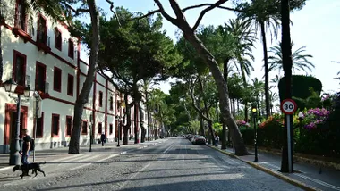 Un hombre acaba de cruzar con su perro por el Paseo Carlos III de Cádiz