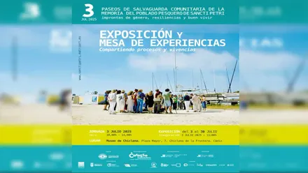 Paseos de salvaguarda comunitaria, el cartel con tonos celestes, turquesas y amarillo.