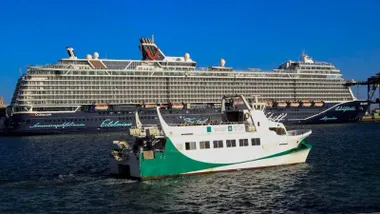 Catamarán del servicio marítimo de transporte en blanco y verde y, al fondo, un buque de pasajeros.
