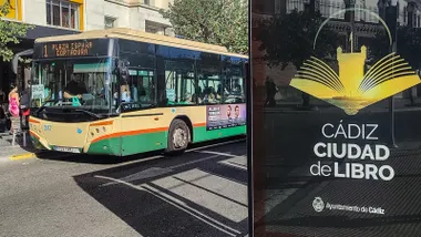 Un autobús de servicios mínimos durante la huelga de autobuses de Cádiz recoge a personas en una parada
