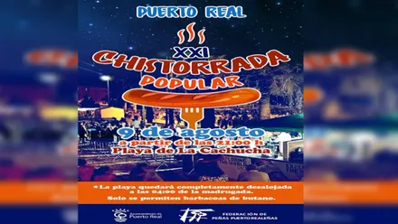 Cartel, con predominio de tonos azules y rojizos, de la XXI Chistorrada de Puerto Real.