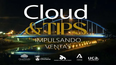 Puente de Chiclana sobre el río Iro y sobreimpresionado Cloud&Tips en letras blancas y doradas.