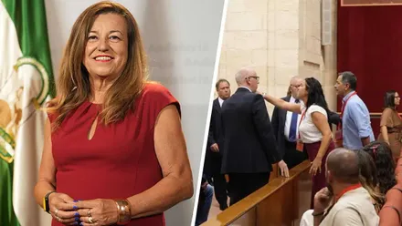 A la derecha María del Carmen Castillo Mena. Consejera de Educación y a la izquierda una madre quejandose.