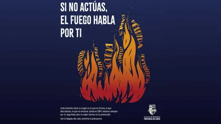Cartel azul con una llama destacada en amarillo-anaranjado con el lema "Si no actúas, el fuego habla por ti".