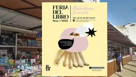Cartel en color amarillo de la Feria del Libro de Rota y tras el mismo casetas con libros.
