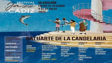 Cartel de JazzCadiz en el que destaca el mar y un grupo de música tocando jazz.