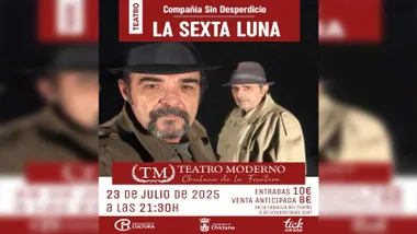 Cartel con los dos actores de "La Sexta Luna", predominan los tonos negro, blanco y burdeos.