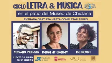 Stewart Mundini, María de Grandy e Isa Novoa en el cartel de 'Letra&Música' en Chiclana, destaca el tono amarillo crudo.