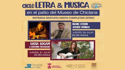 Cartel del evento "Letra&Música" en Chiclana con destacada presencia de Javier Ruibal y Nano Stern así como Lucía Socam.