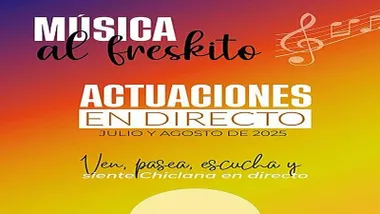 Cartel en tonos cálidos, rojizos, anaranjados y amarillos, de "Música al fresquito" en Chiclana.