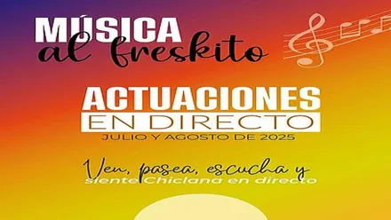 Cartel en tonos cálidos, rojizos, anaranjados y amarillos, de "Música al fresquito" en Chiclana.