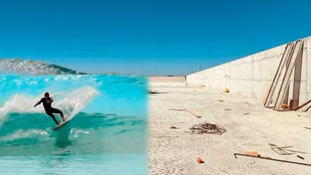 A la izquierda idealización de un surfista en la piscina; a la derecha la piscina de olas de El Puerto aún en obras.